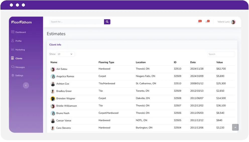 A snapshot of the business dashboard Estimates page. From this page your team will be able to see a list of all their flooring clients who used the instant estimator. sort by project value, location, and much more.